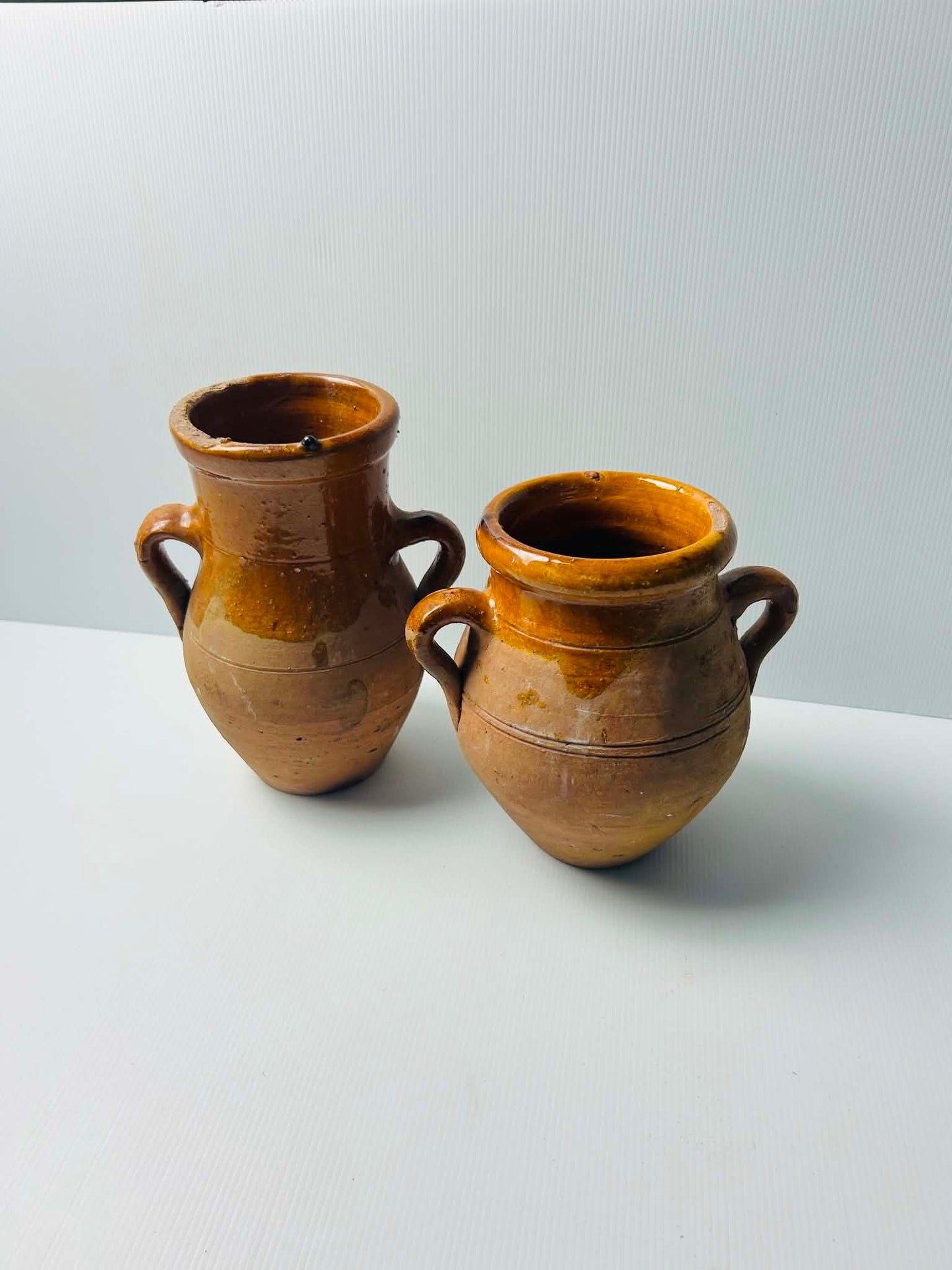 Vintage Rustic Amber Glazed Earthenware Jug Pair Large Decorative Vessels | SABBY CHIC
