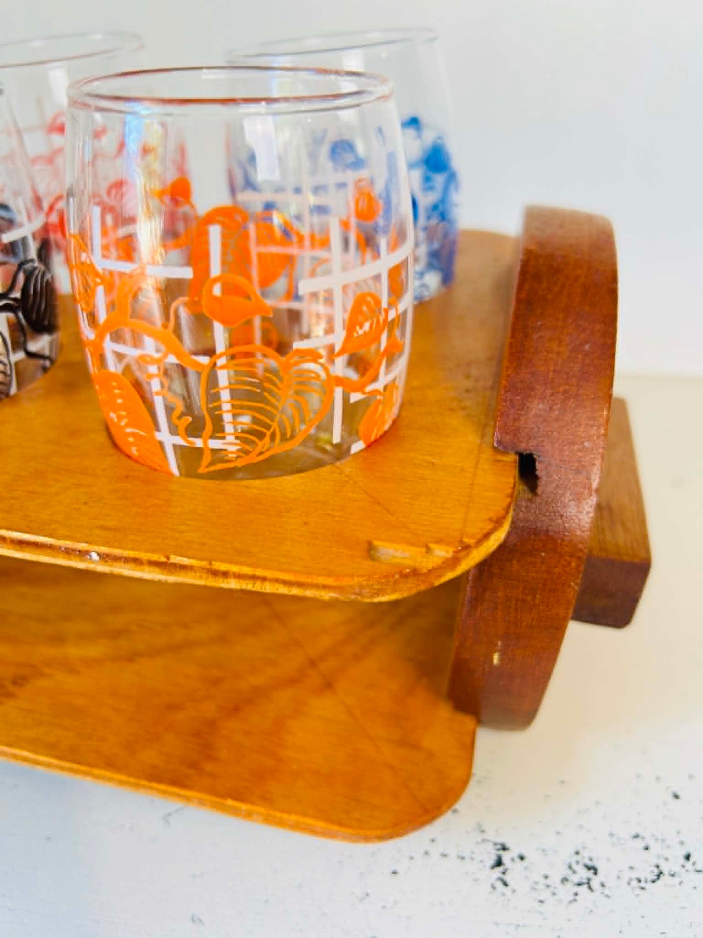 Vintage Retro Glasses & Handmade Wooden Caddy Set  – Mid Century Style Barware