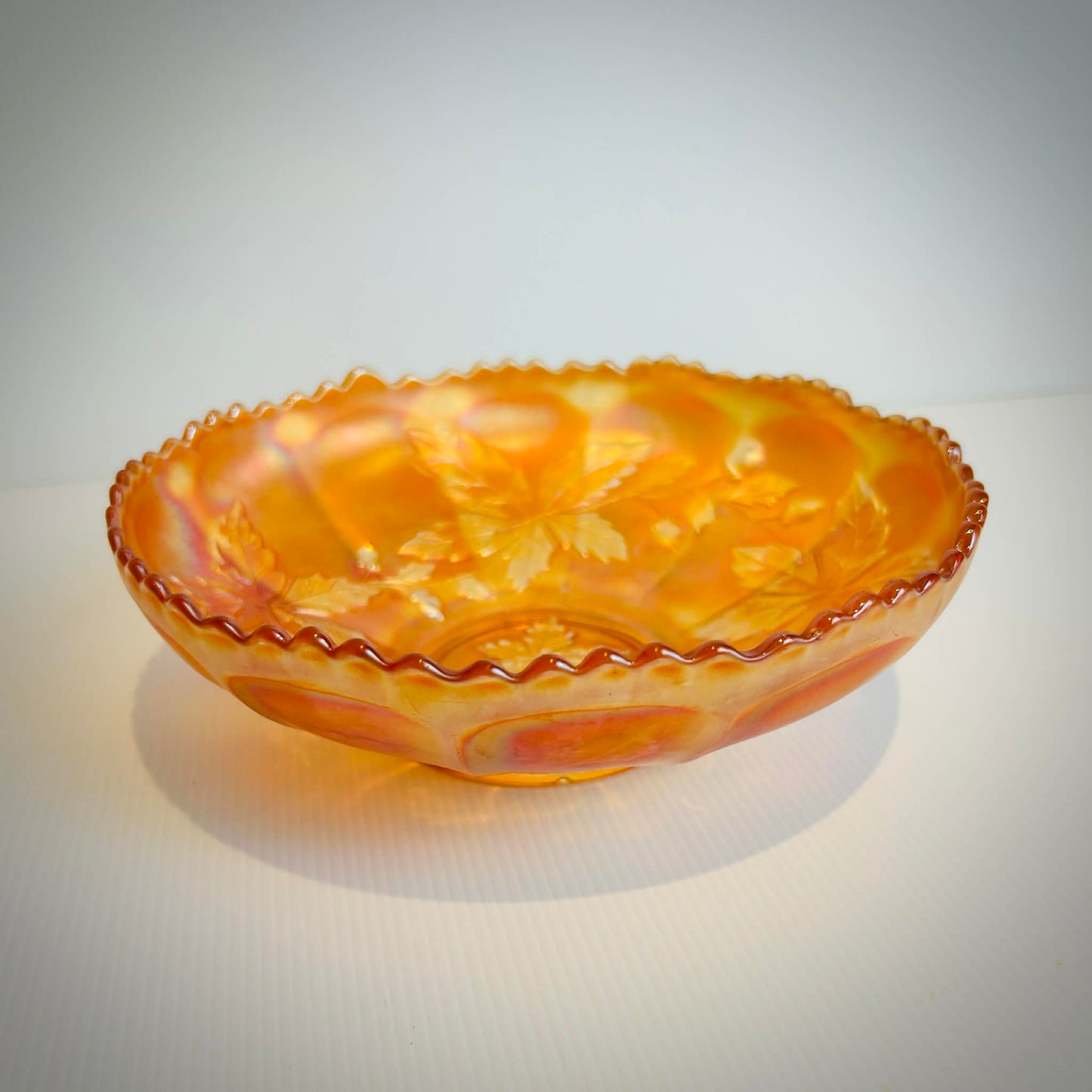 Vintage Carnival Glass Bowl Marigold Orange Scalloped Edge Pressed Glass Fruit Bowl 20cm