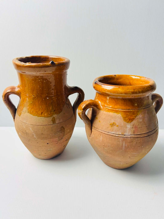 Vintage Rustic Amber Glazed Earthenware Jug Pair Large Decorative Vessels | SABBY CHIC