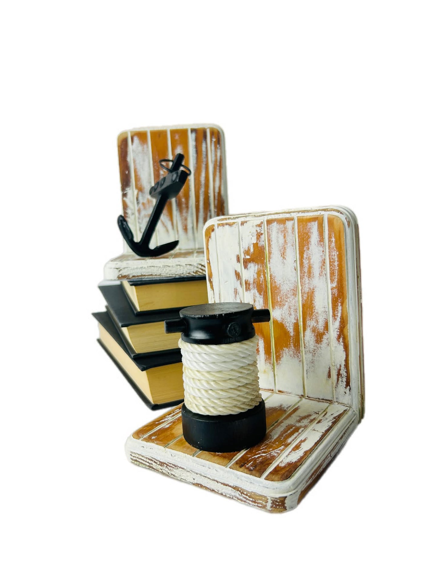 Upcycled Timber Nautical Bookends Cast Iron Anchor Rope Detail Coastal Decor Sabby Chic White