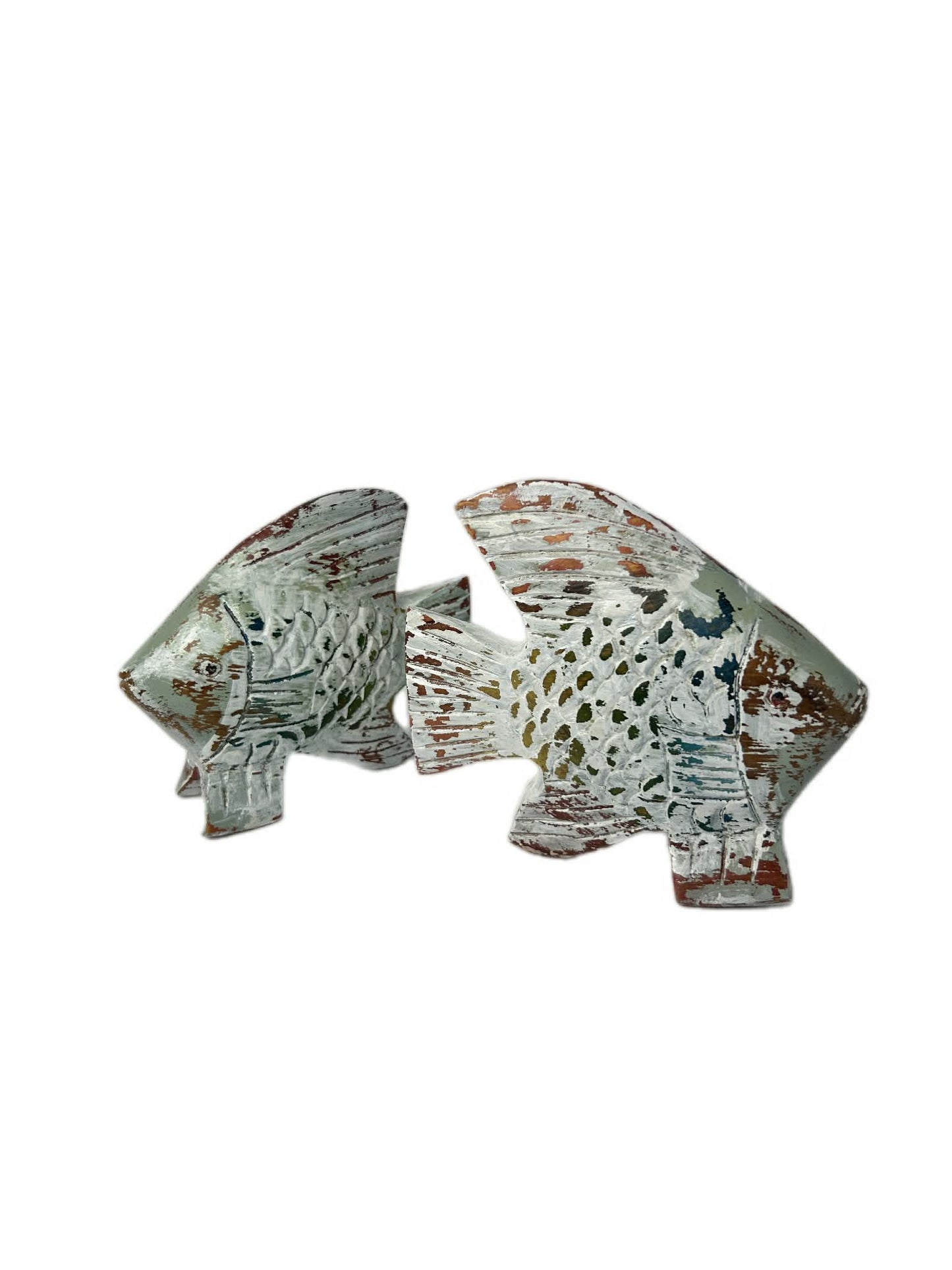 Upcycled Solid Wood Fish Figurines – Sage Green & Natural Timber Coastal Decor Pair