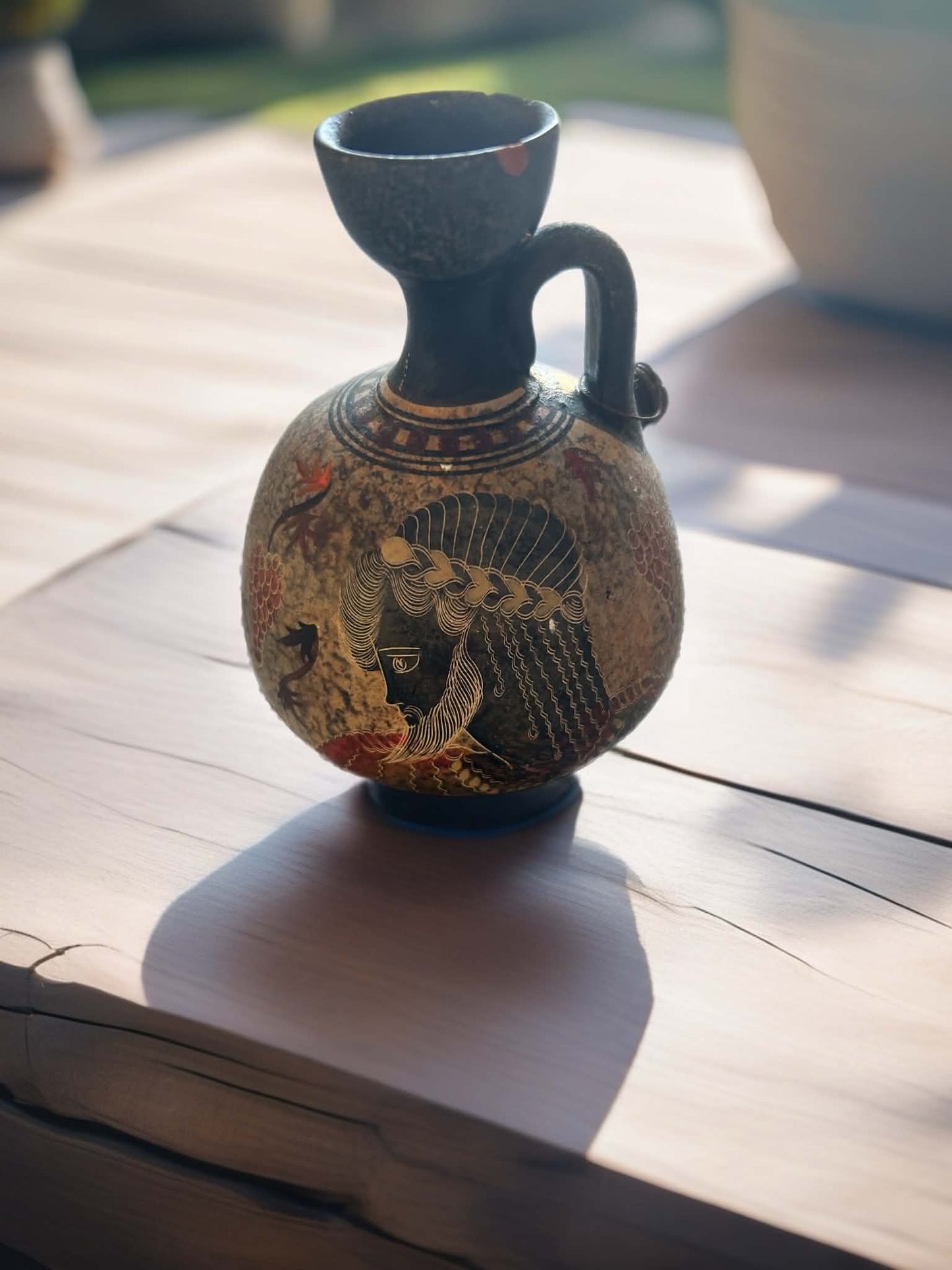 Handmade Greek Pottery Miniature Jug, Copy of the Classical Period 500 BC, Bearded Figure Possibly Zeus, Original Crimped Lead Seal