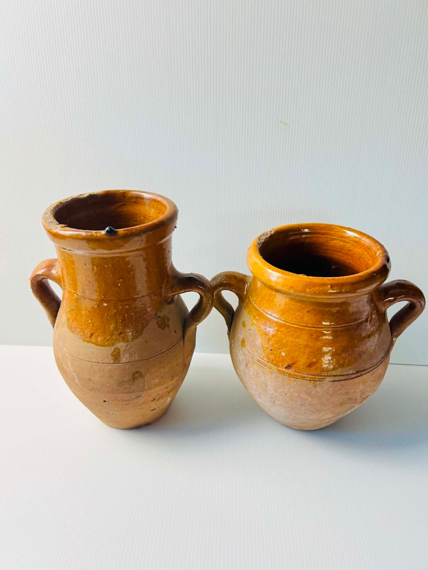 Vintage Rustic Amber Glazed Earthenware Jug Pair Large Decorative Vessels | SABBY CHIC