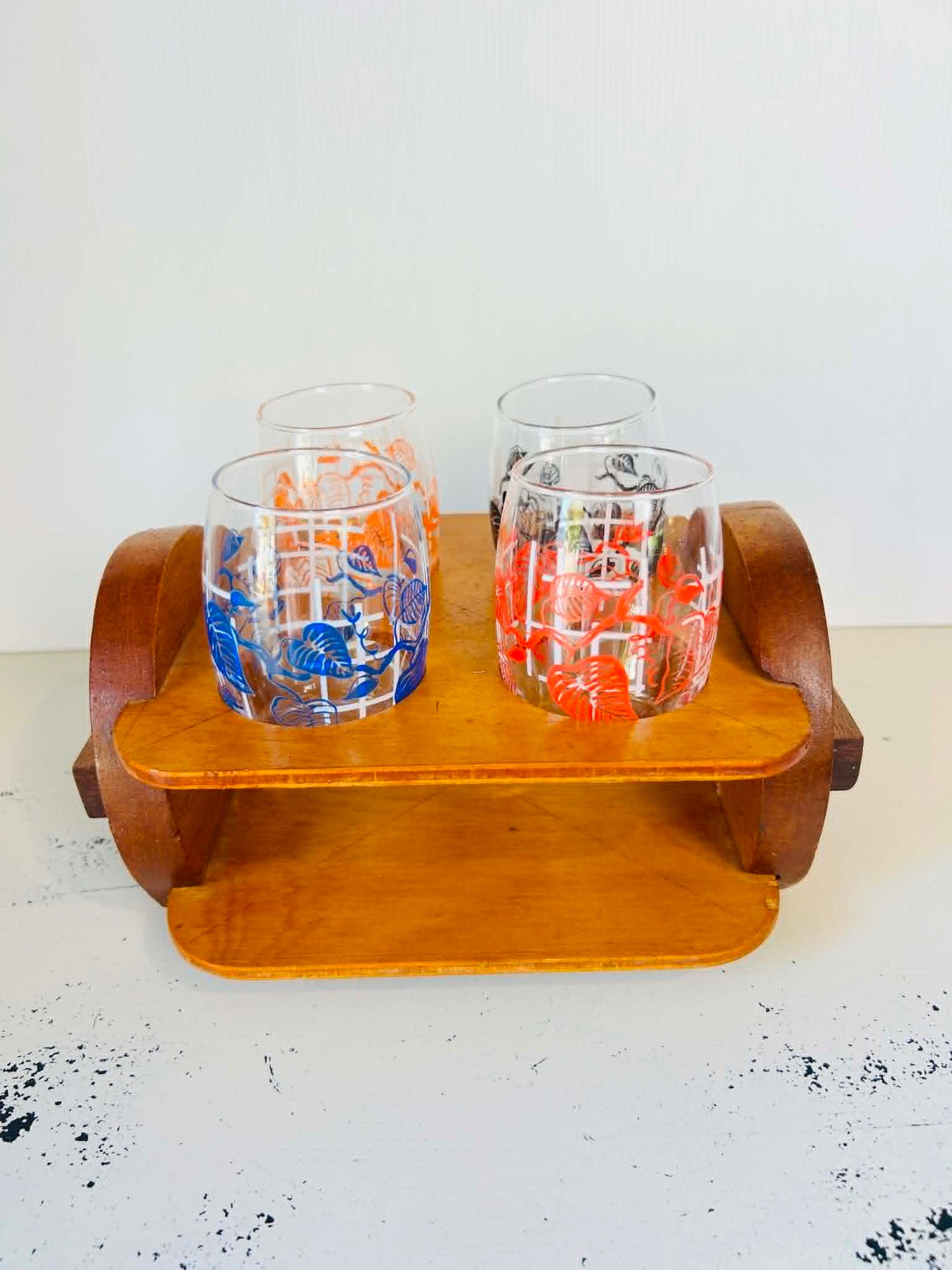 Vintage Retro Glasses & Handmade Wooden Caddy Set  – Mid Century Style Barware