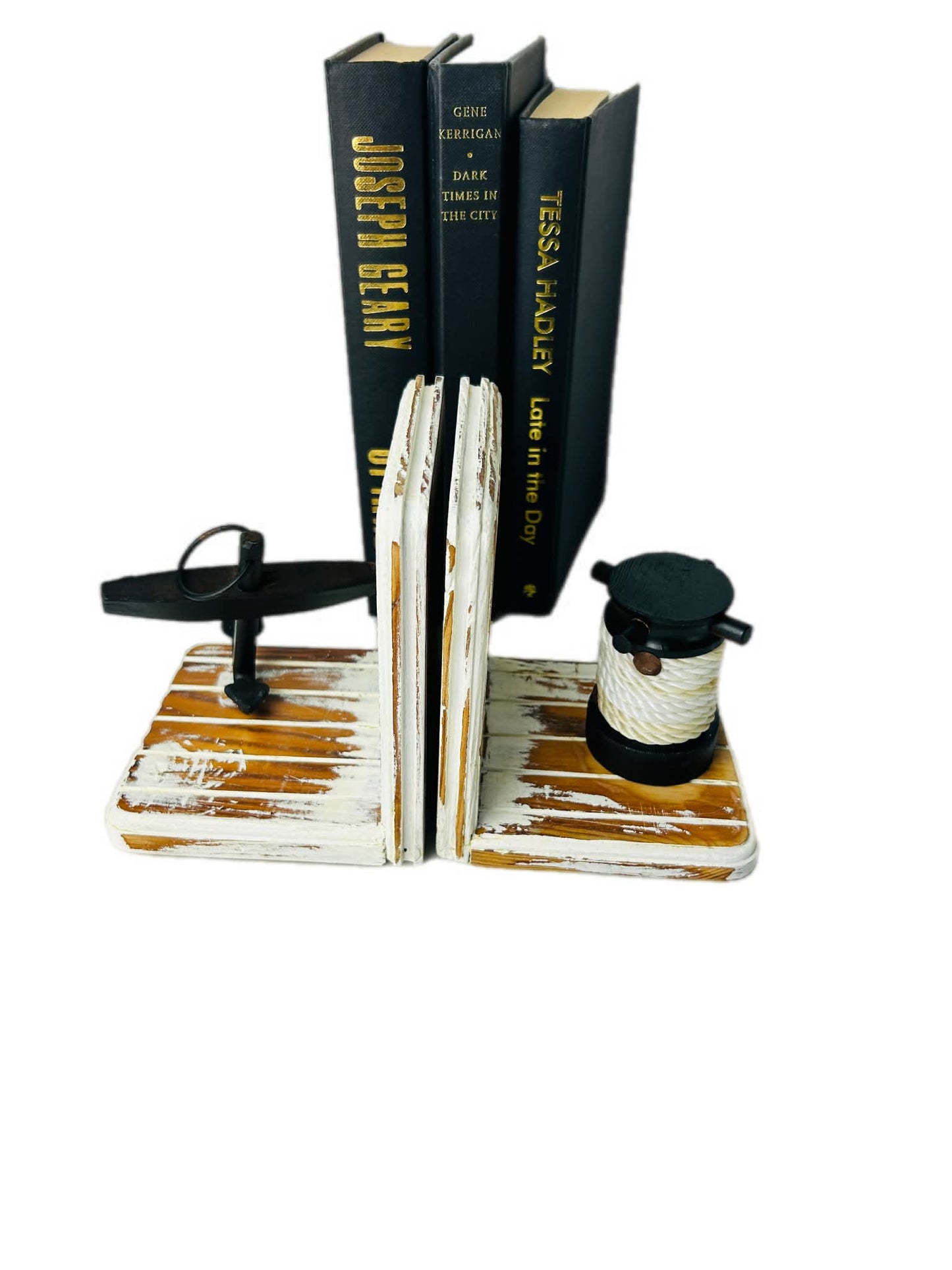 Upcycled Timber Nautical Bookends Cast Iron Anchor Rope Detail Coastal Decor Sabby Chic White
