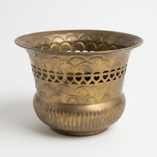 Vintage Brass Look Pierced Metal Planter Pot, Heart Cut-Out Cachepot, Rustic Cottage Farmhouse Decor