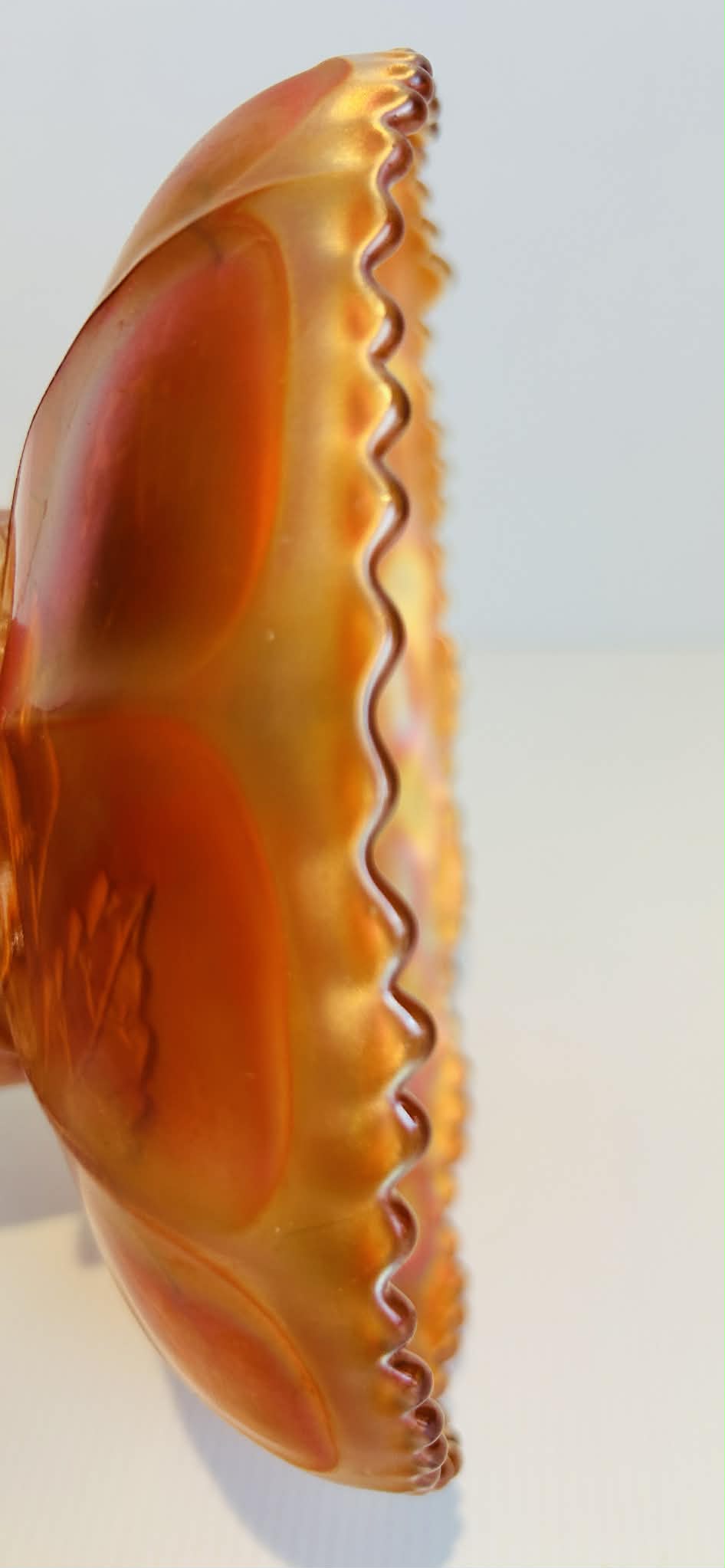 Vintage Carnival Glass Bowl Marigold Orange Scalloped Edge Pressed Glass Fruit Bowl 20cm