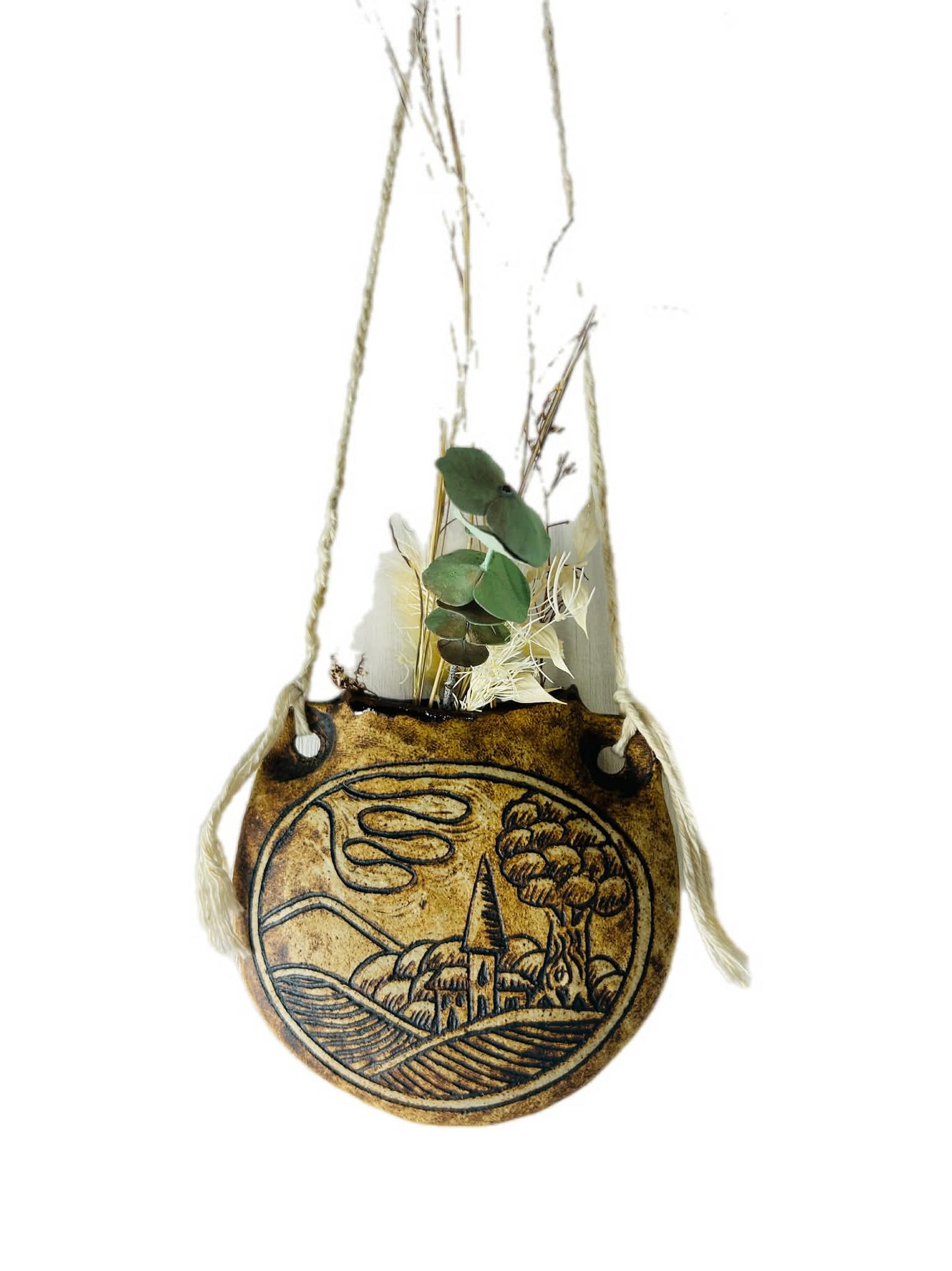 Vintage Ceramic Pilgrim Flask Hanging Wall Vase Folk Art Village Design