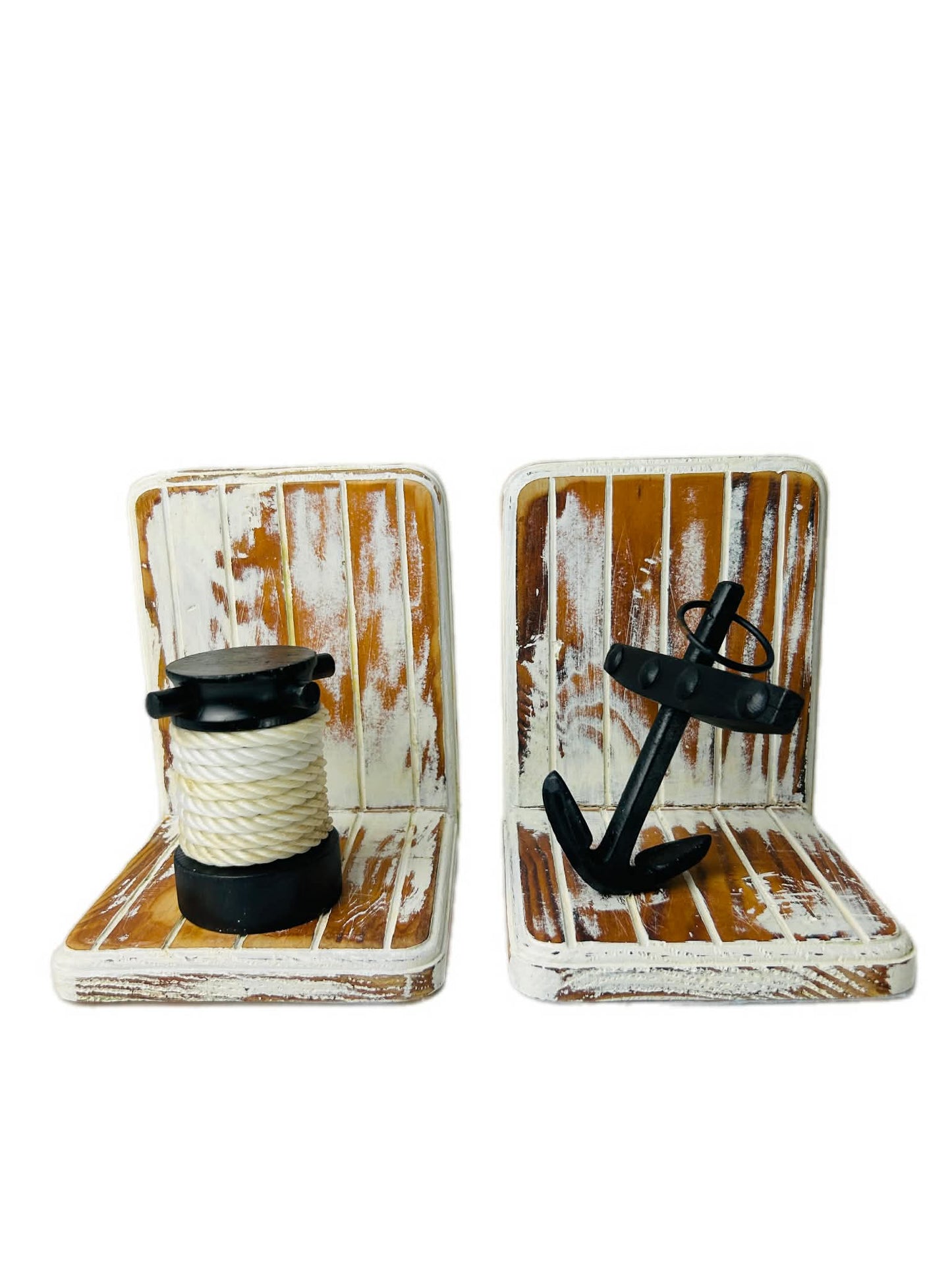 Upcycled Timber Nautical Bookends Cast Iron Anchor Rope Detail Coastal Decor Sabby Chic White