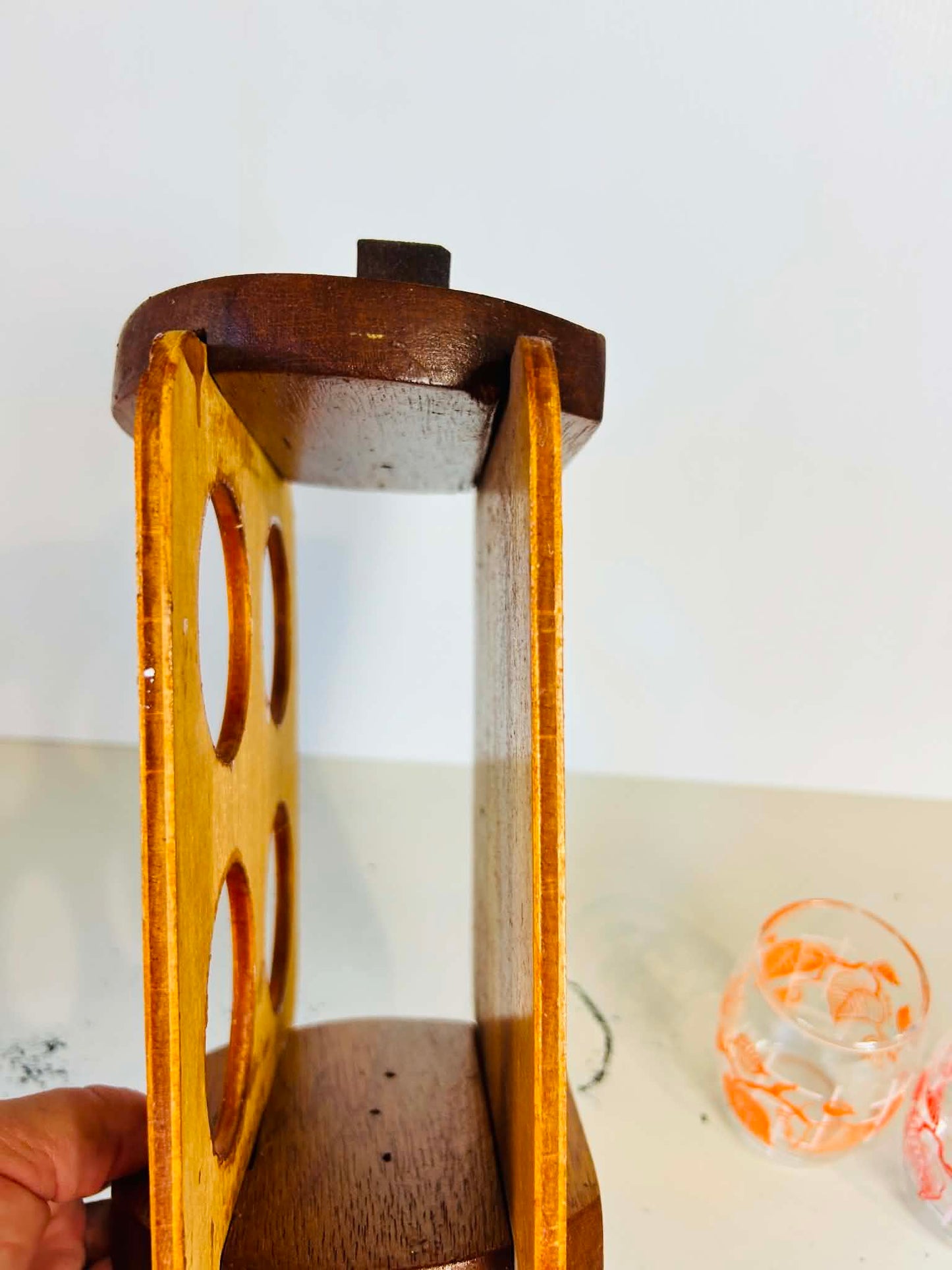 Vintage Retro Glasses & Handmade Wooden Caddy Set  – Mid Century Style Barware