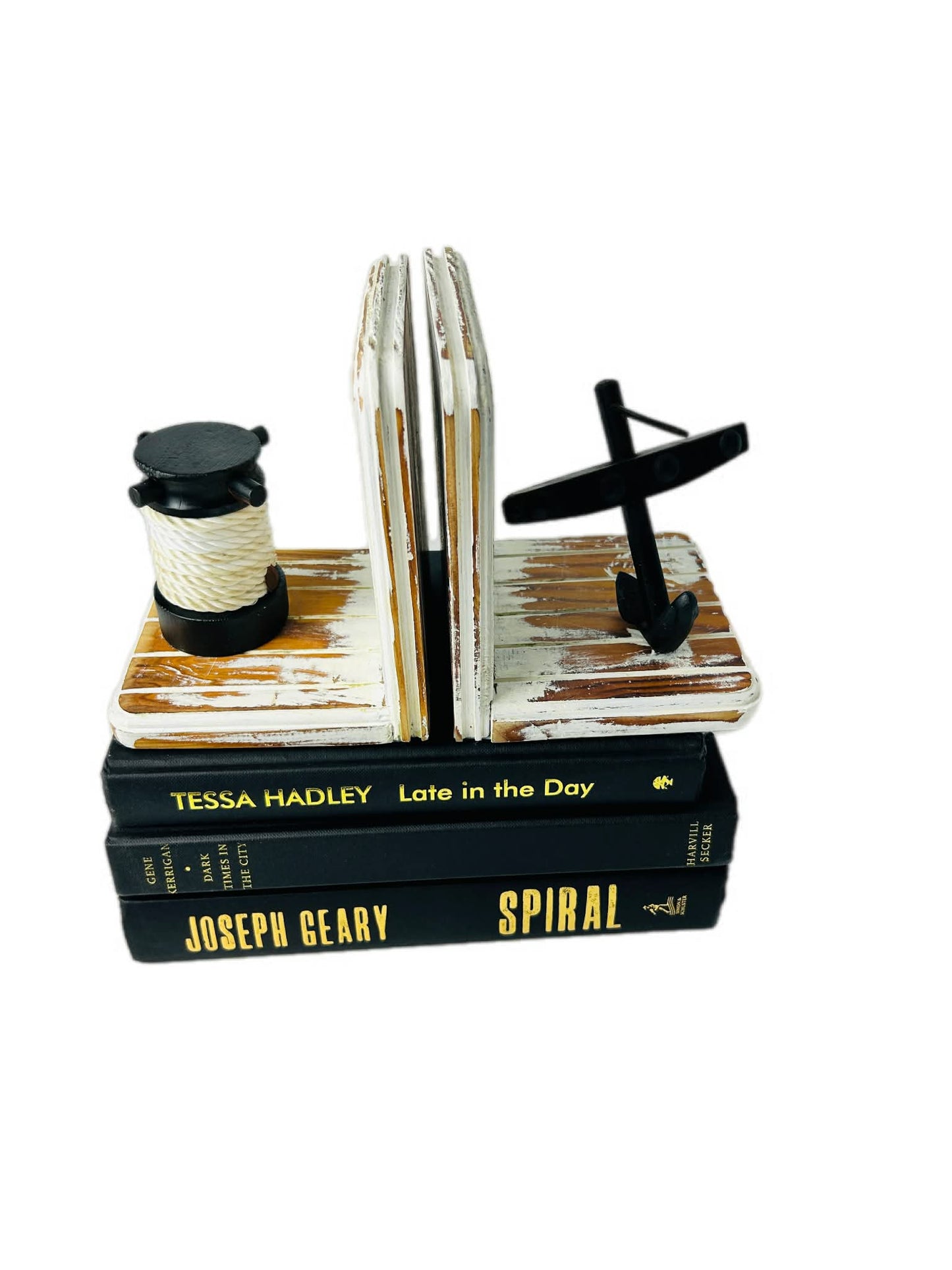 Upcycled Timber Nautical Bookends Cast Iron Anchor Rope Detail Coastal Decor Sabby Chic White