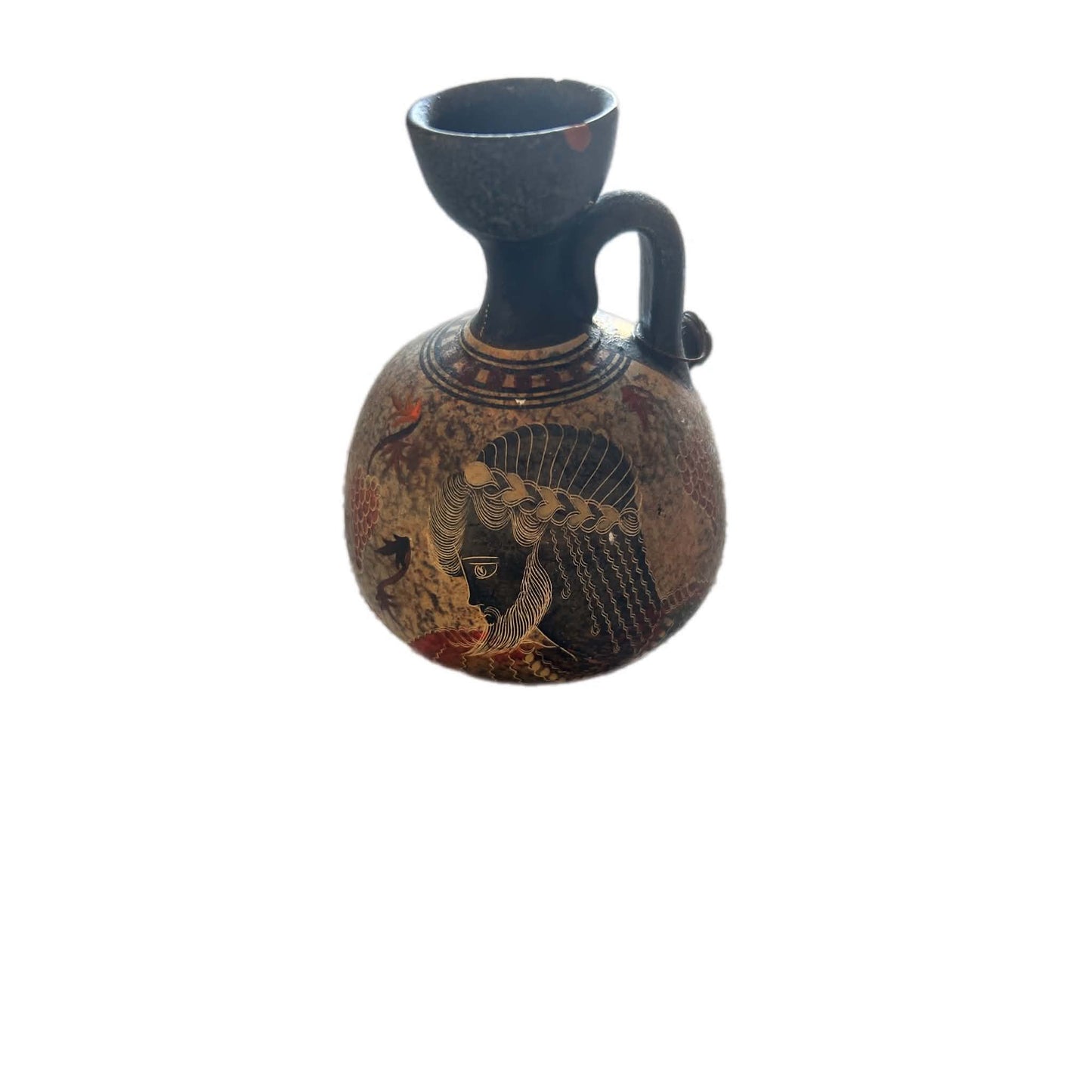 Handmade Greek Pottery Miniature Jug, Copy of the Classical Period 500 BC, Bearded Figure Possibly Zeus, Original Crimped Lead Seal