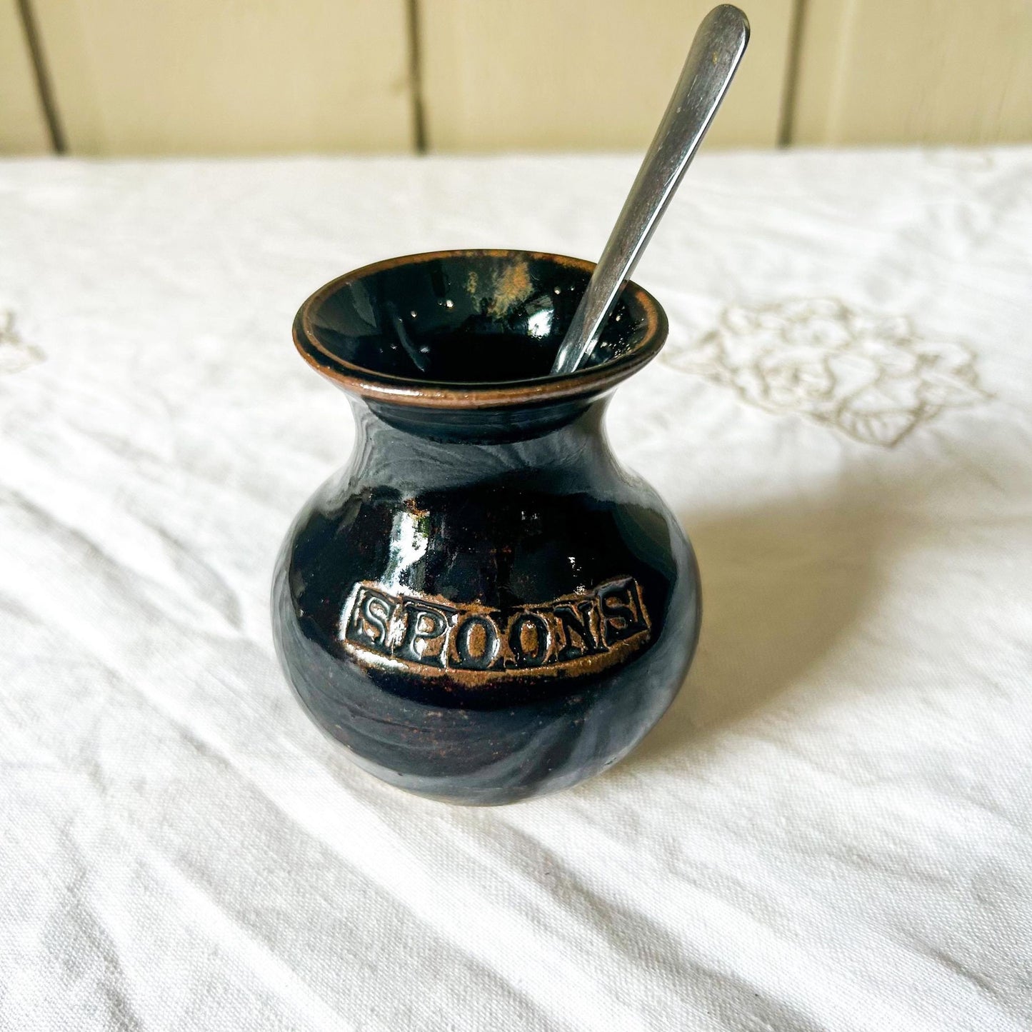 Studio Pottery Spoon Holder: Kitchen Decor Jar