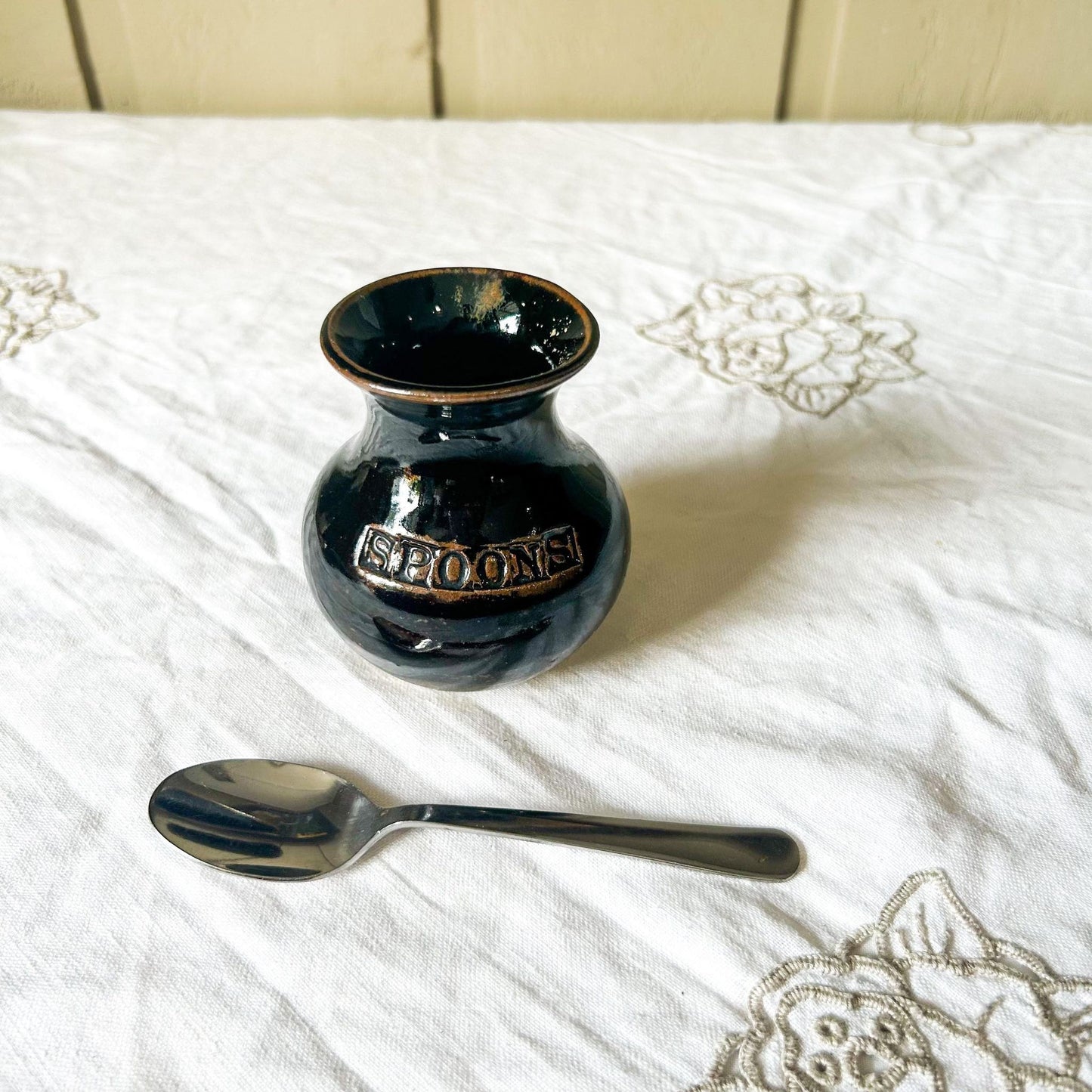 Studio Pottery Spoon Holder: Kitchen Decor Jar