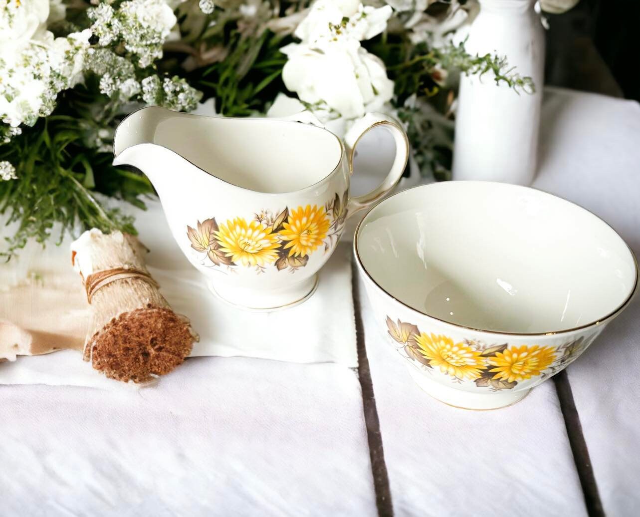 Vintage Queen Anne Bone China Creamer and Sugar Bowl Set: Yellow Chrysanthemums, England