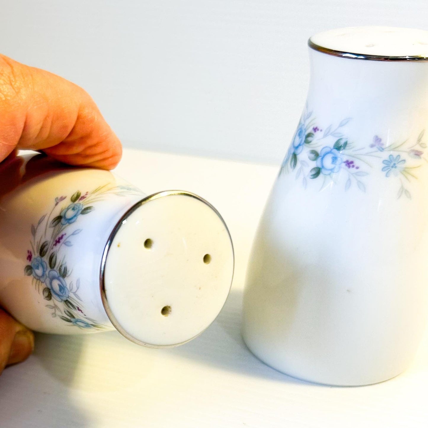 Vintage Noritake Salt & Pepper Shakers: Blue Floral Design, RC Japan
