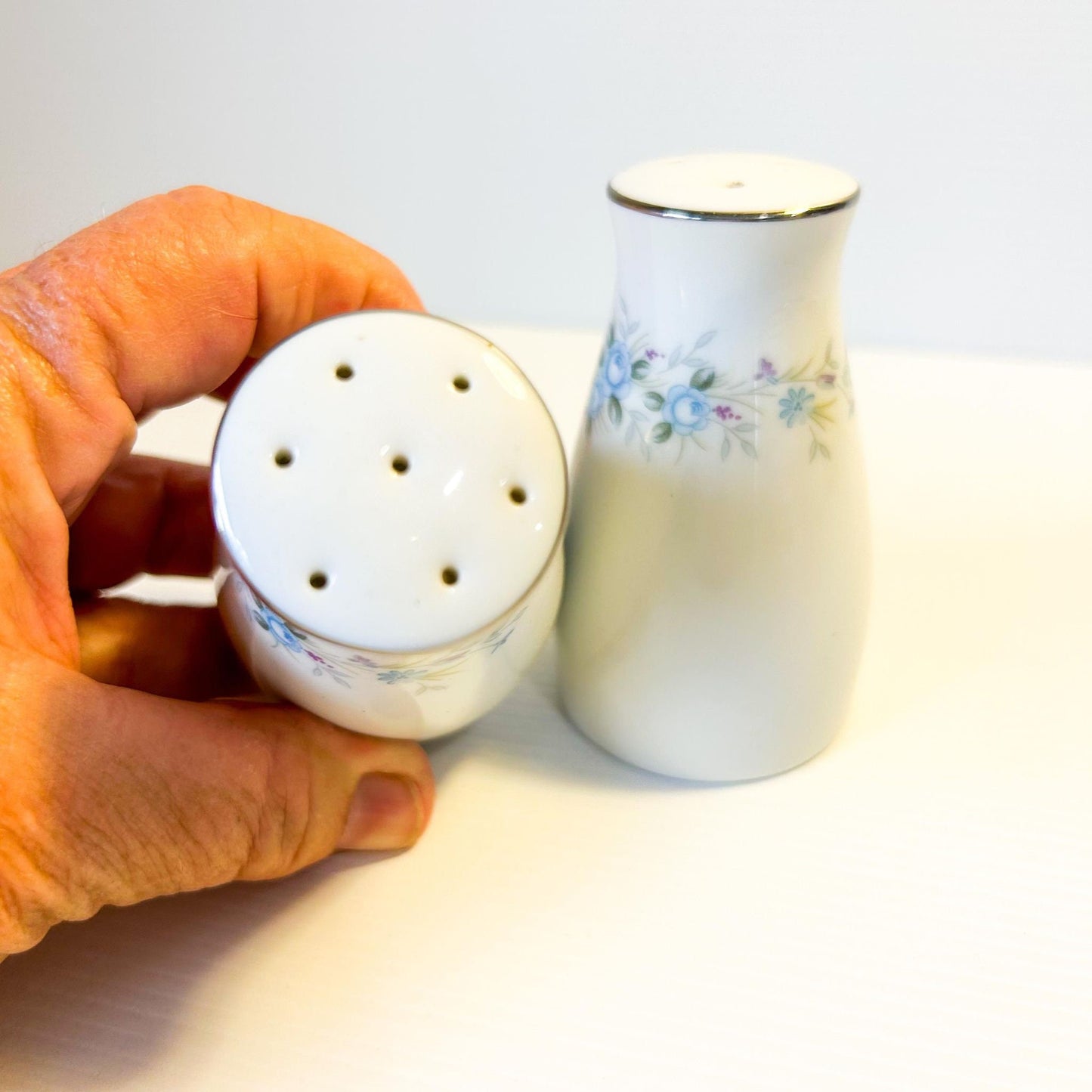 Vintage Noritake Salt & Pepper Shakers: Blue Floral Design, RC Japan