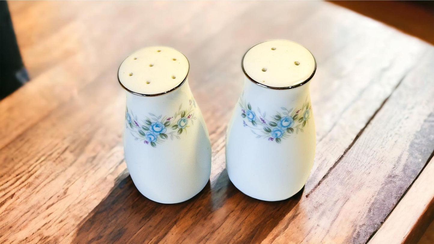 Vintage Noritake Salt & Pepper Shakers: Blue Floral Design, RC Japan