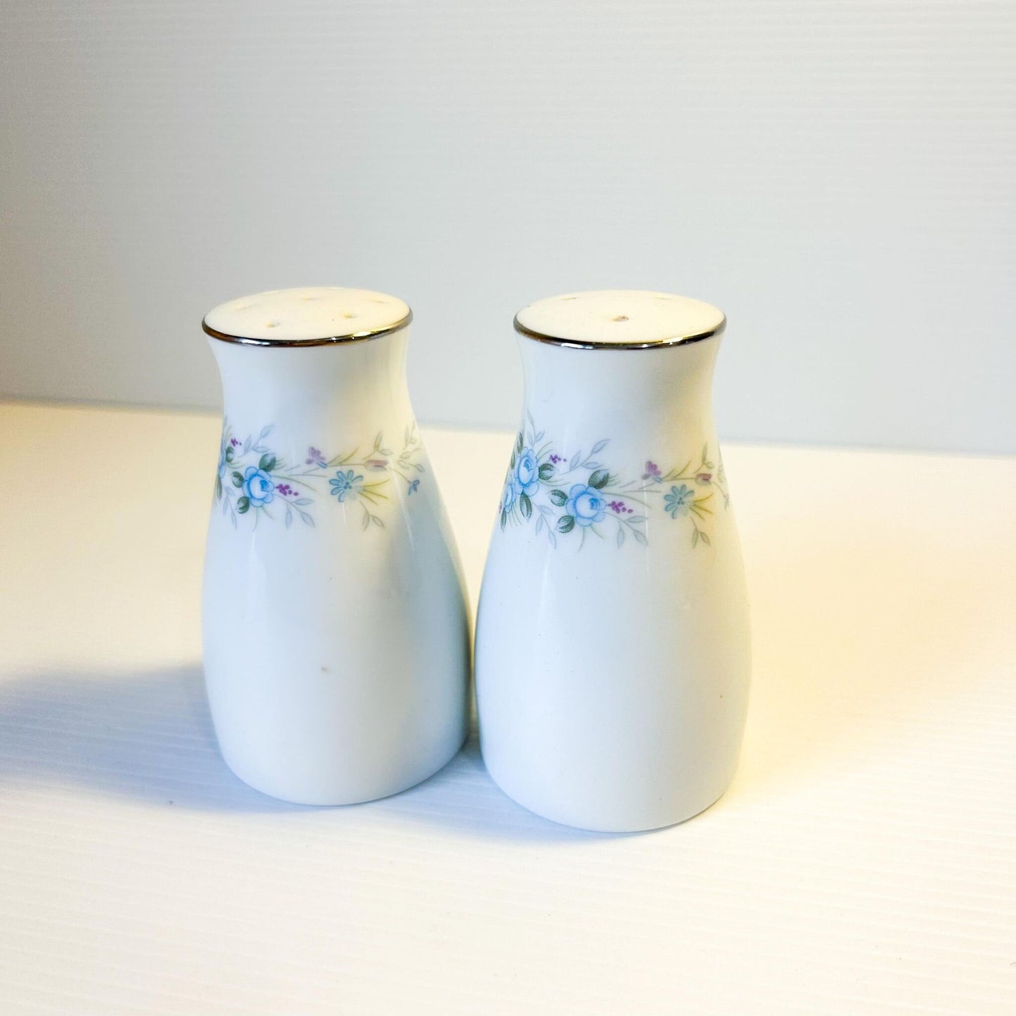 Vintage Noritake Salt & Pepper Shakers: Blue Floral Design, RC Japan
