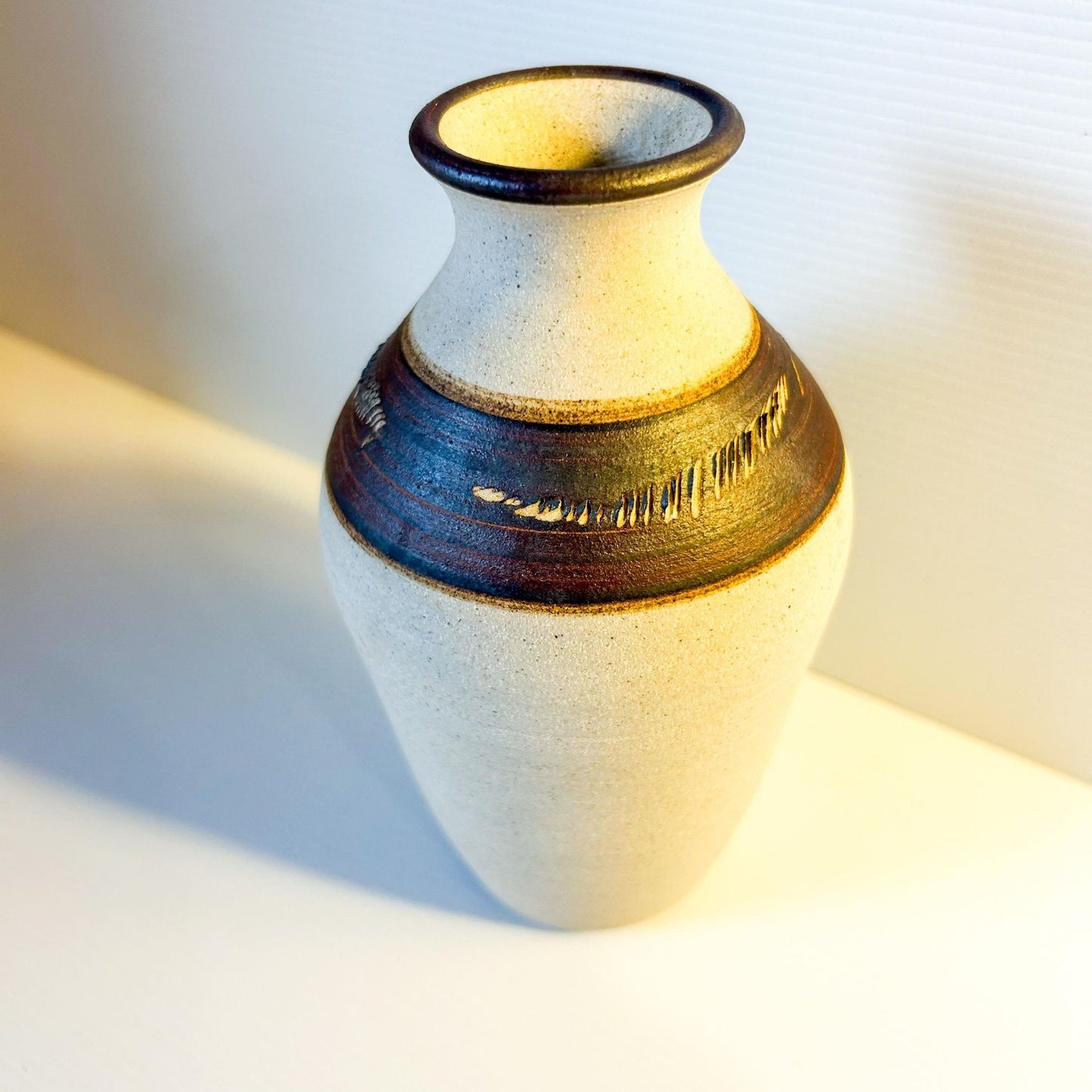 Textured Studio Pottery Vase: Beige and Brown Earth Tones (16 cm)