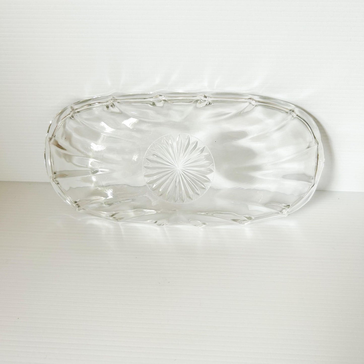Vintage Clear Glass Relish Dish: Starburst Scalloped Serving Dish