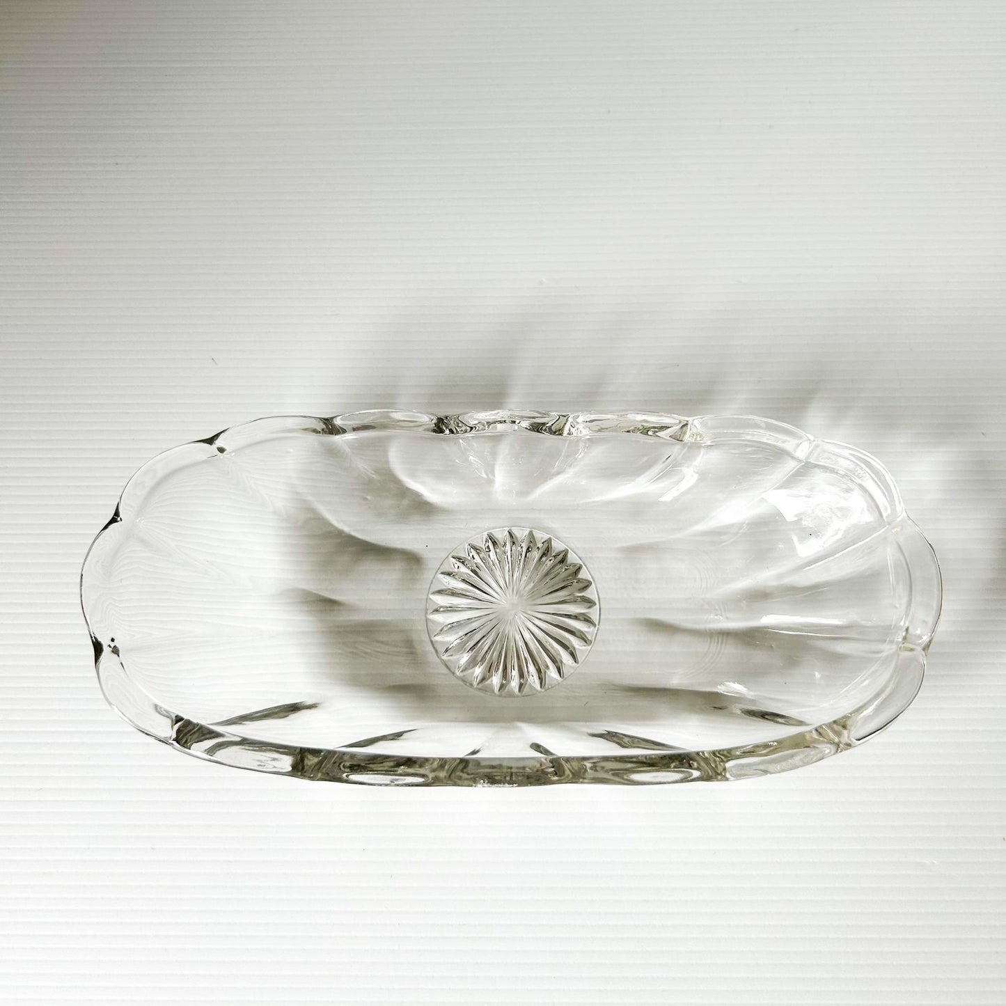 Vintage Clear Glass Relish Dish: Starburst Scalloped Serving Dish