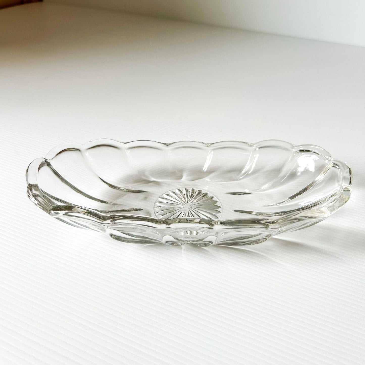 Vintage Clear Glass Relish Dish: Starburst Scalloped Serving Dish