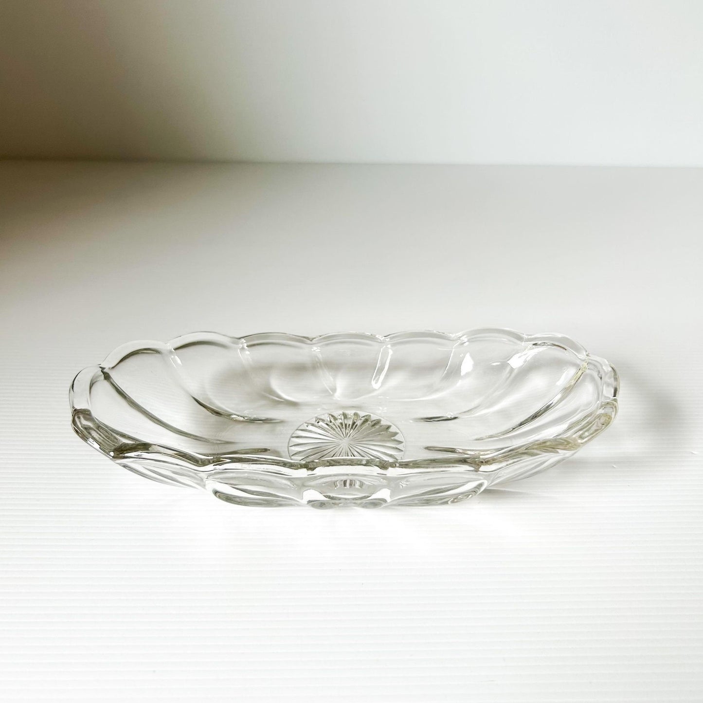 Vintage Clear Glass Relish Dish: Starburst Scalloped Serving Dish