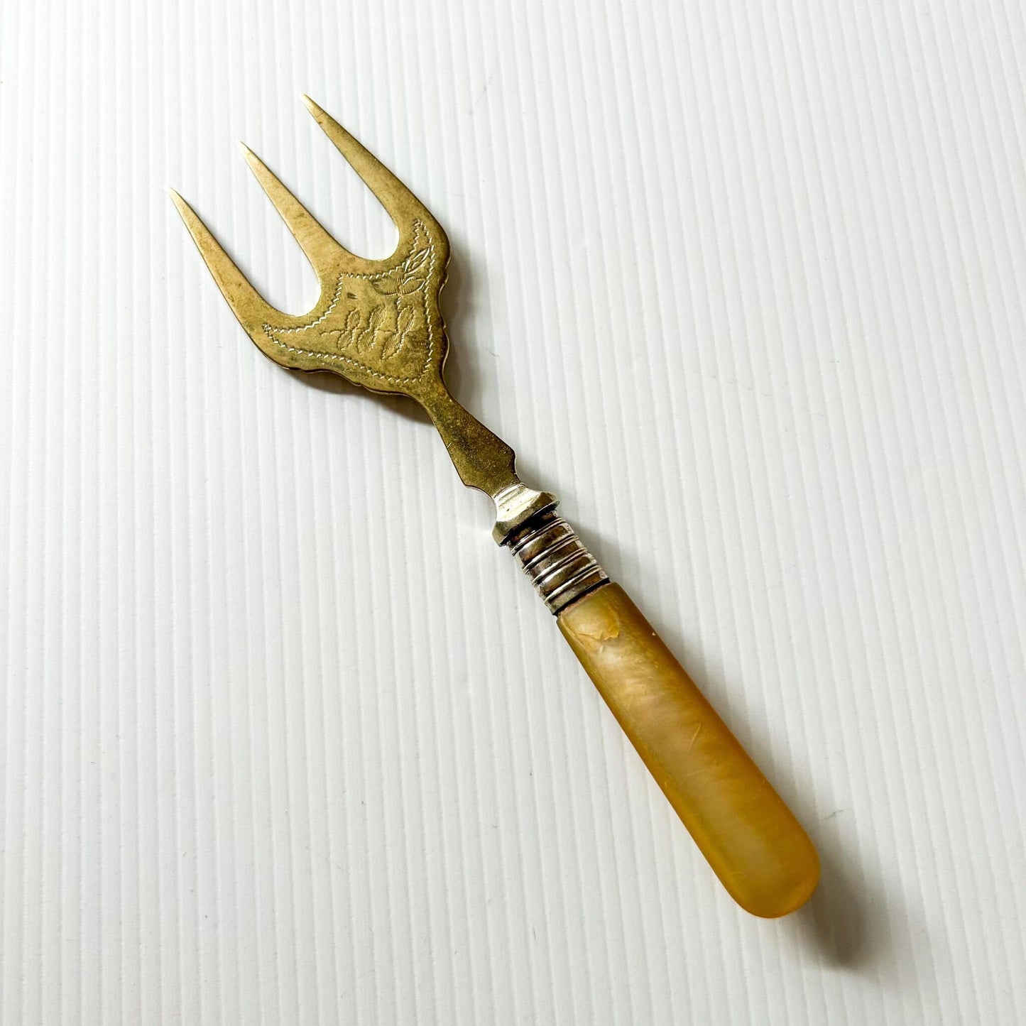 Antique Mother of Pearl Serving Fork, Leaf Etched Silver Plate, Victorian Flatware
