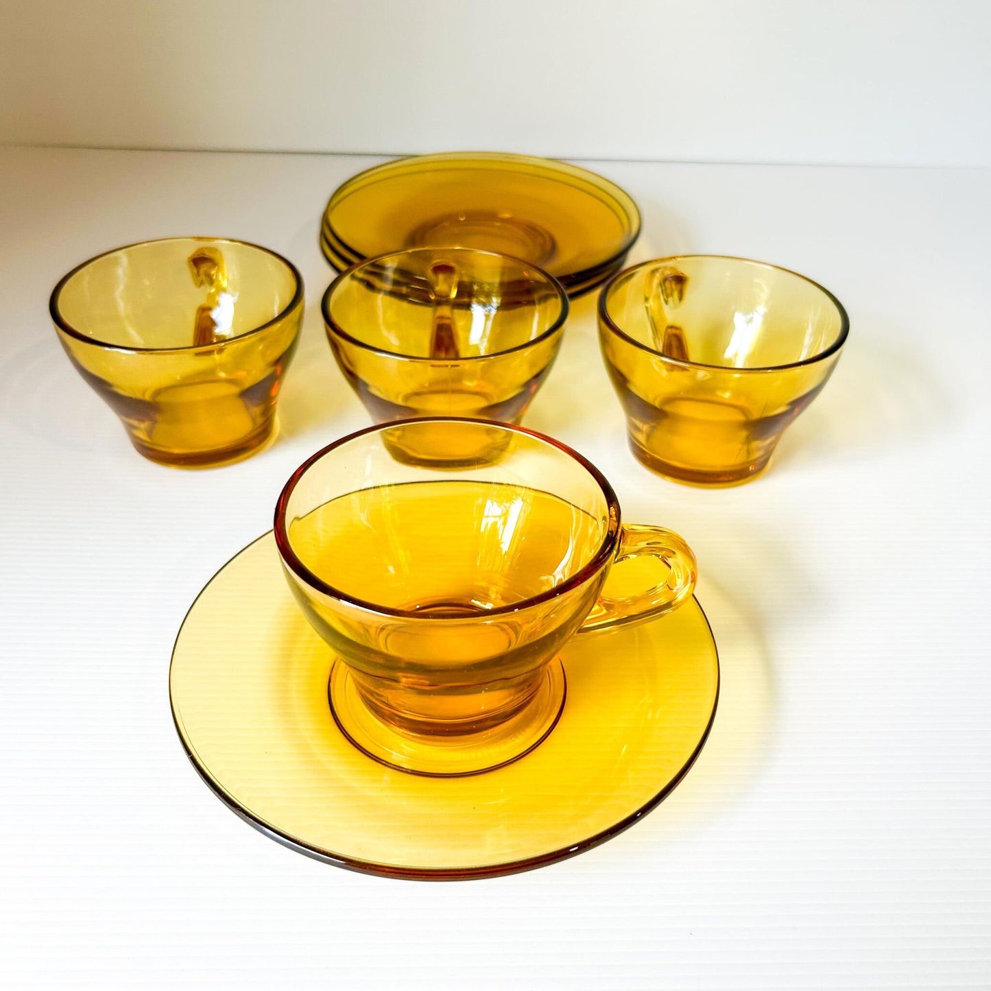 Retro Amber Glass Espresso Cup & Saucer Set - Bormioli Italy (8 Piece)