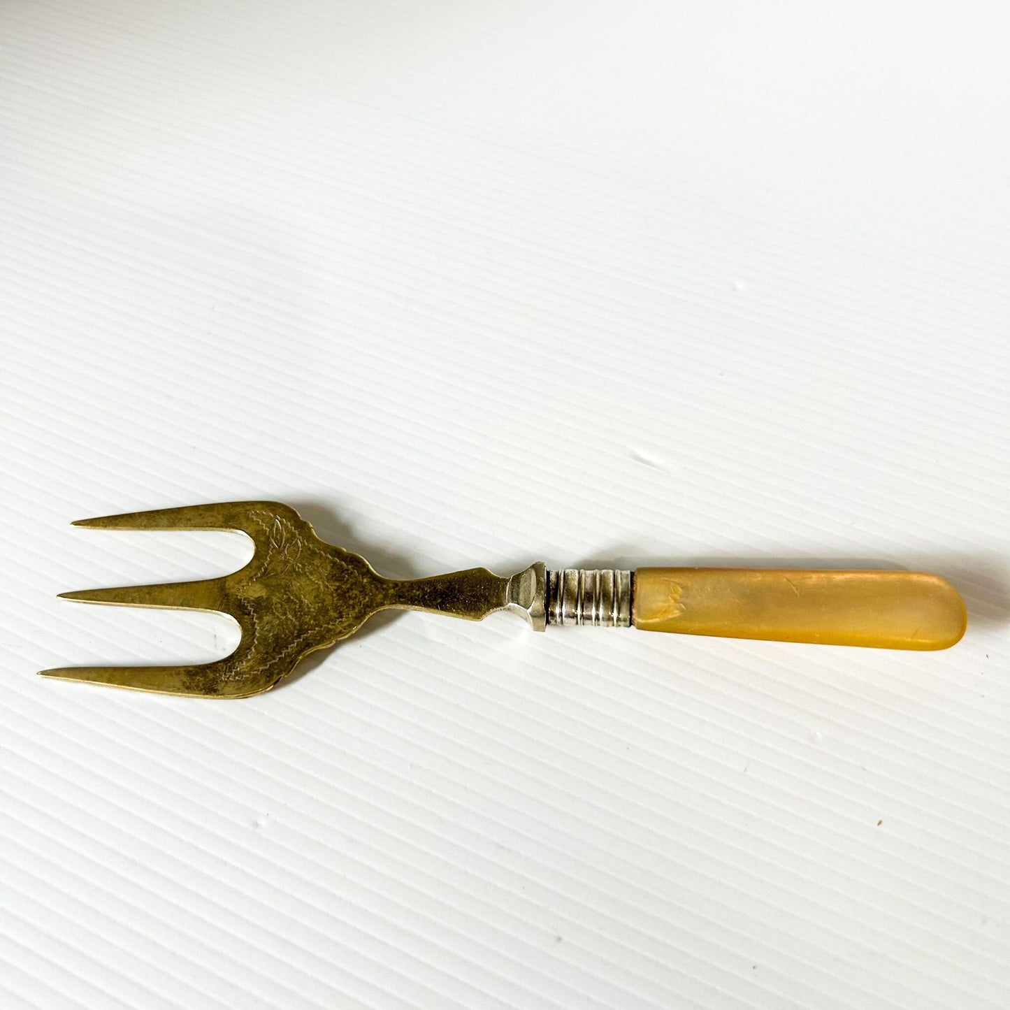 Antique Mother of Pearl Serving Fork, Leaf Etched Silver Plate, Victorian Flatware