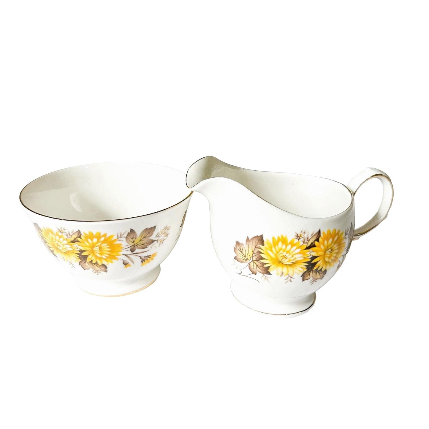 Vintage Queen Anne Bone China Creamer and Sugar Bowl Set: Yellow Chrysanthemums, England