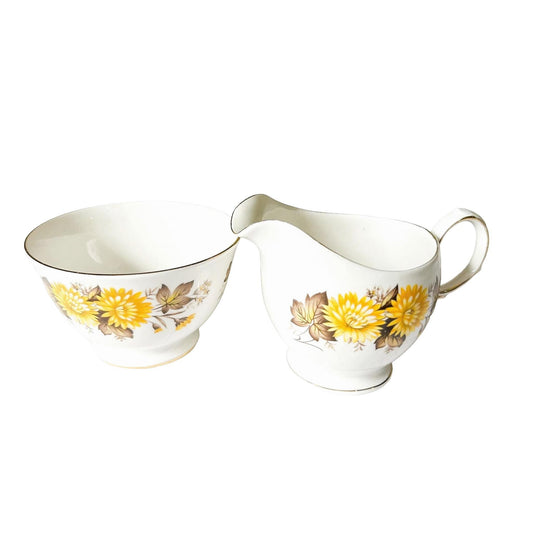Vintage Queen Anne Bone China Creamer and Sugar Bowl Set: Yellow Chrysanthemums, England