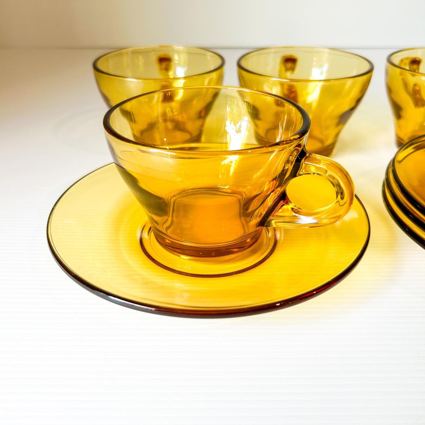 Retro Amber Glass Espresso Cup & Saucer Set - Bormioli Italy (8 Piece)