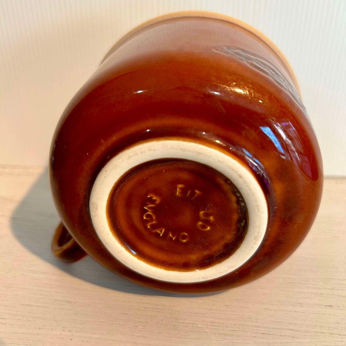 Vintage English Soup Mug: Brown & White Glaze, Vegetable Design