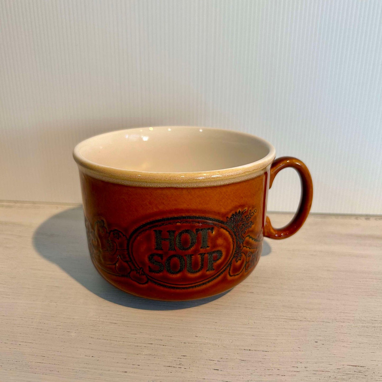Vintage English Soup Mug: Brown & White Glaze, Vegetable Design