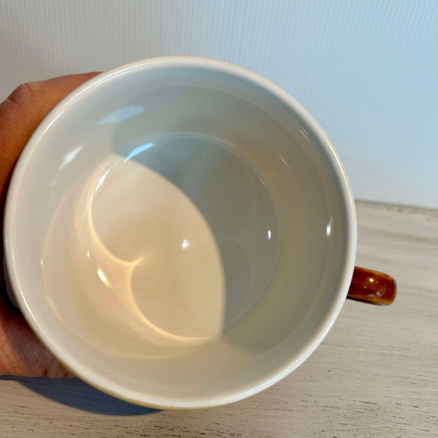 Vintage English Soup Mug: Brown & White Glaze, Vegetable Design