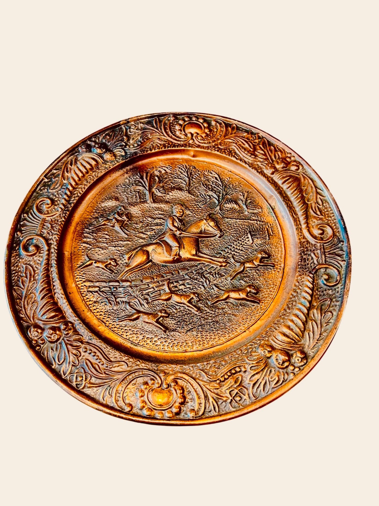Decorative Handcrafted Copper and Metal Round Wall Art Plate. Ships and Horses.