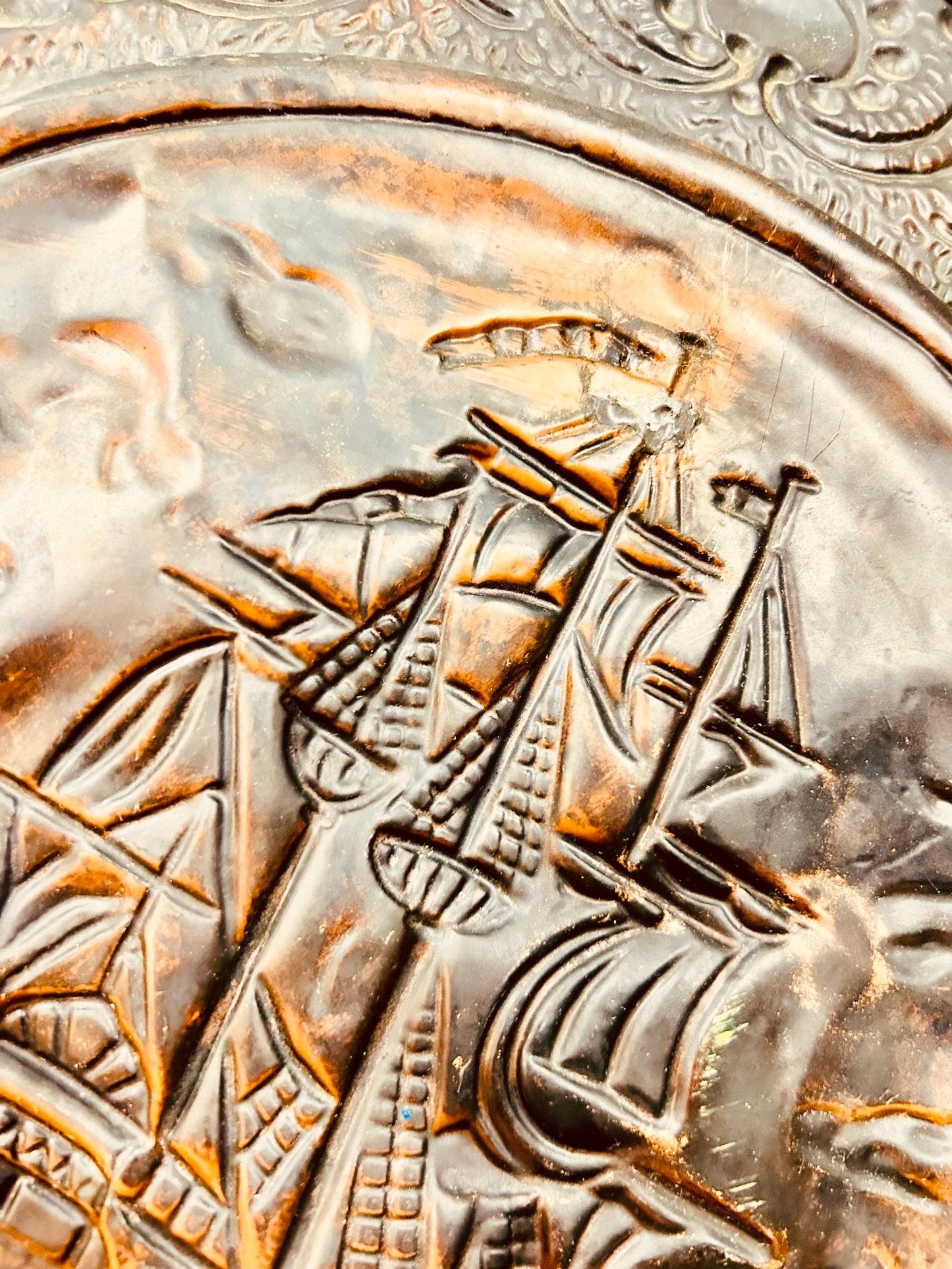 Decorative Handcrafted Copper and Metal Round Wall Art Plate. Ships and Horses.