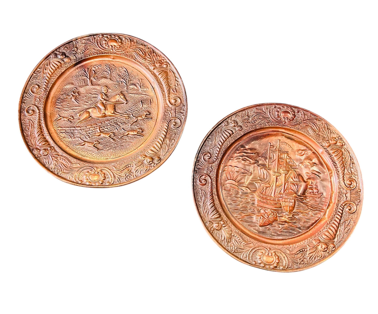 Decorative Handcrafted Copper and Metal Round Wall Art Plate. Ships and Horses.