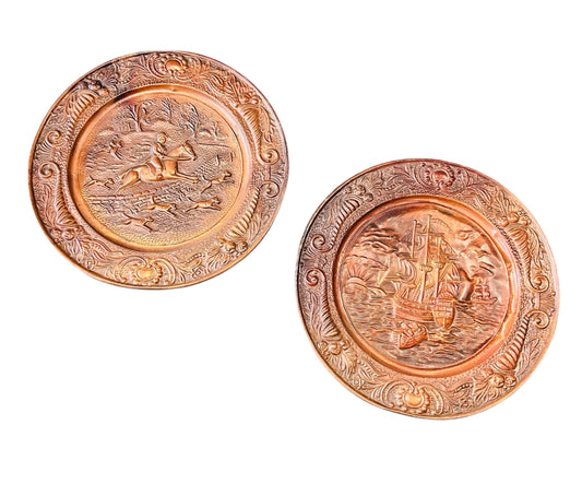 Decorative Handcrafted Copper and Metal Round Wall Art Plate. Ships and Horses.