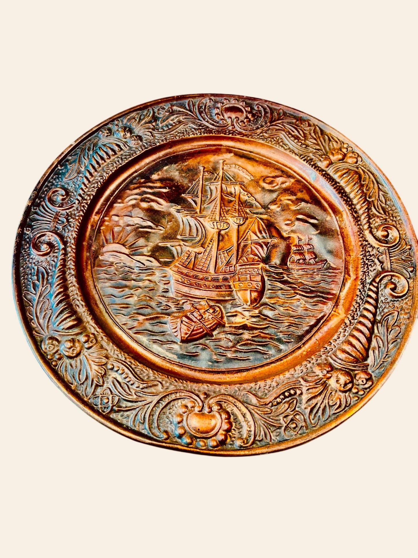 Decorative Handcrafted Copper and Metal Round Wall Art Plate. Ships and Horses.