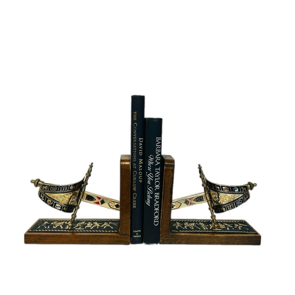 Vintage Wooden Bookends: Medieval Sword, Zodiac & Roman Design