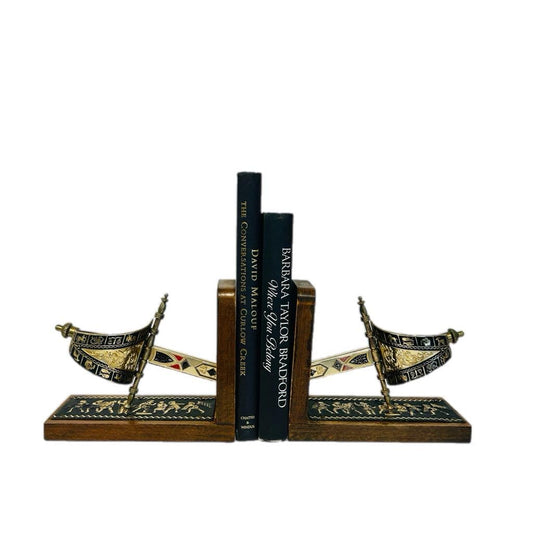 Vintage Wooden Bookends: Medieval Sword, Zodiac & Roman Design