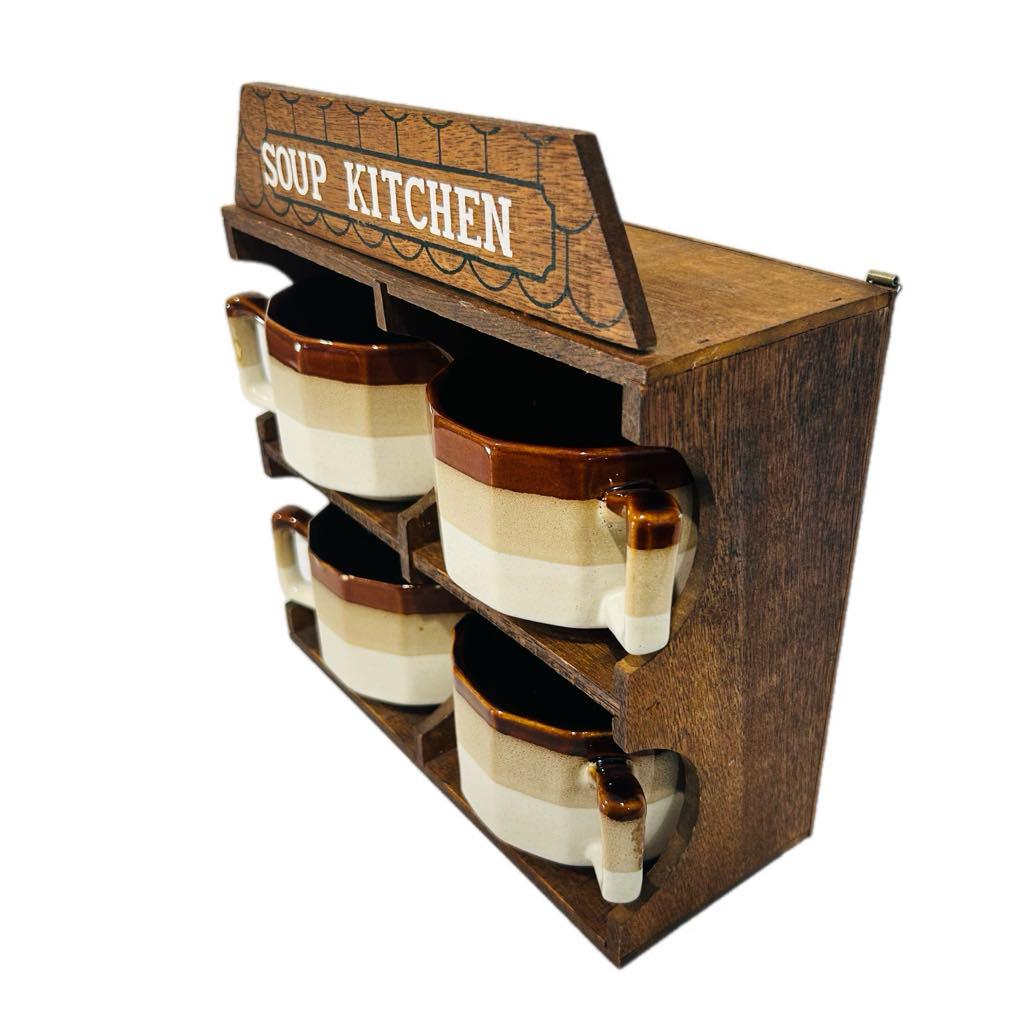 Vintage Soup Kitchen Ceramic Mug Set with Wooden Rack