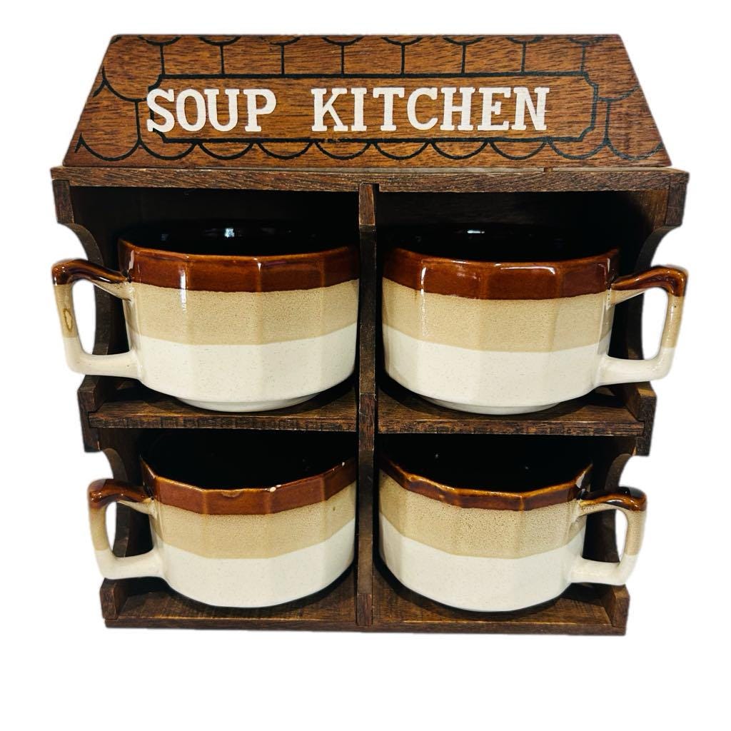 Vintage Soup Kitchen Ceramic Mug Set with Wooden Rack