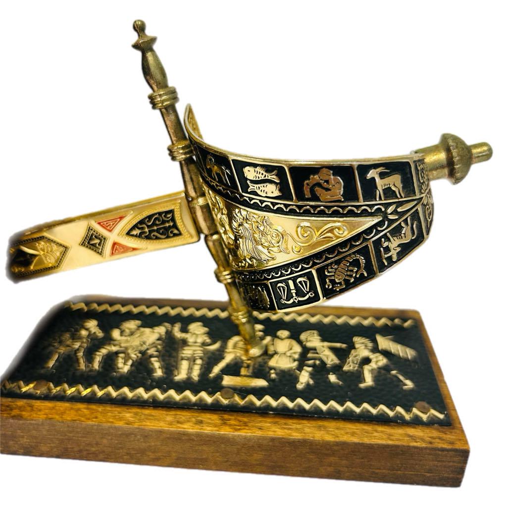Vintage Wooden Bookends: Medieval Sword, Zodiac & Roman Design