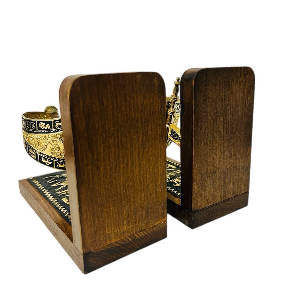 Vintage Wooden Bookends: Medieval Sword, Zodiac & Roman Design