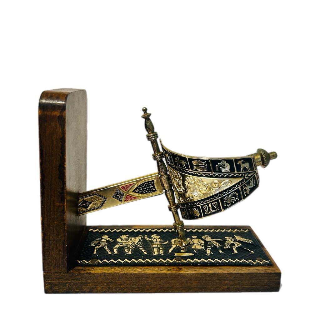 Vintage Wooden Bookends: Medieval Sword, Zodiac & Roman Design